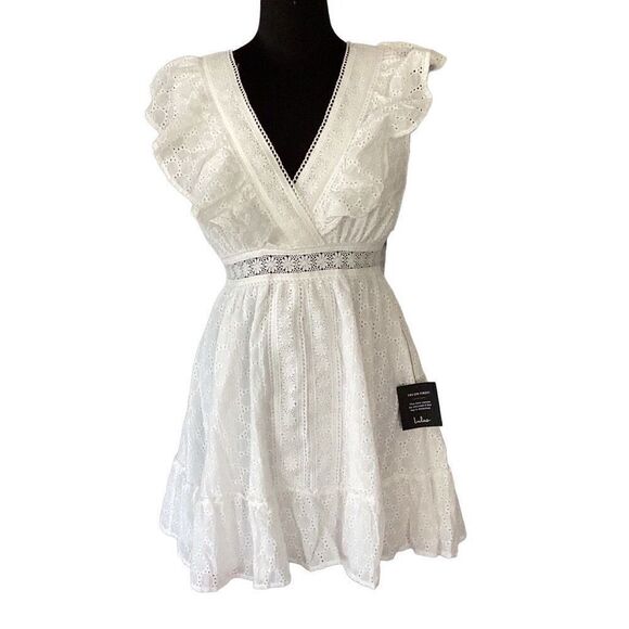 NWT Lulus Number One Cutie White Sleeveless Ruffled Skater Mini Dress Women’s Me - Picture 2 of 11